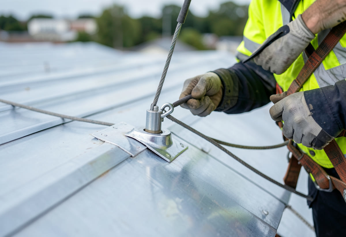 Technician testing a roof anchor point for fall arrest re-certification