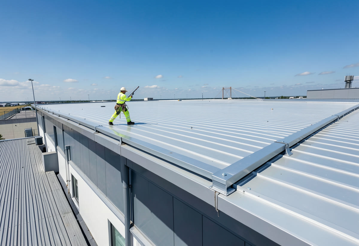 Long run of commercial roof gutters on a managed property being cleared of debris