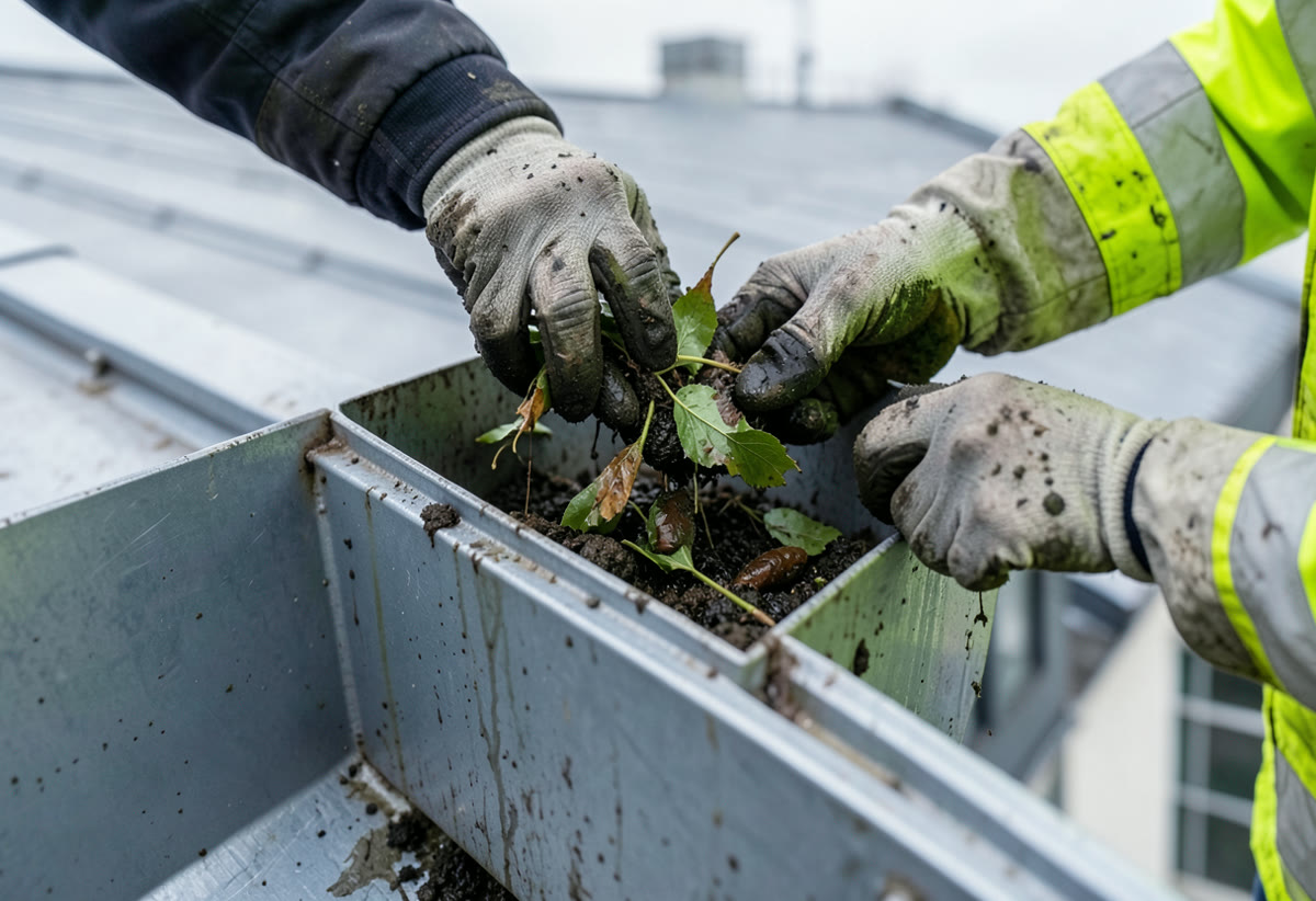 Commercial roof gutter being cleared of leaves and silt