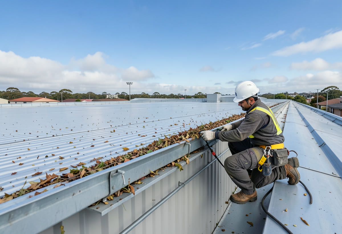 Commercial roof gutter cleaning at height in Melbourne