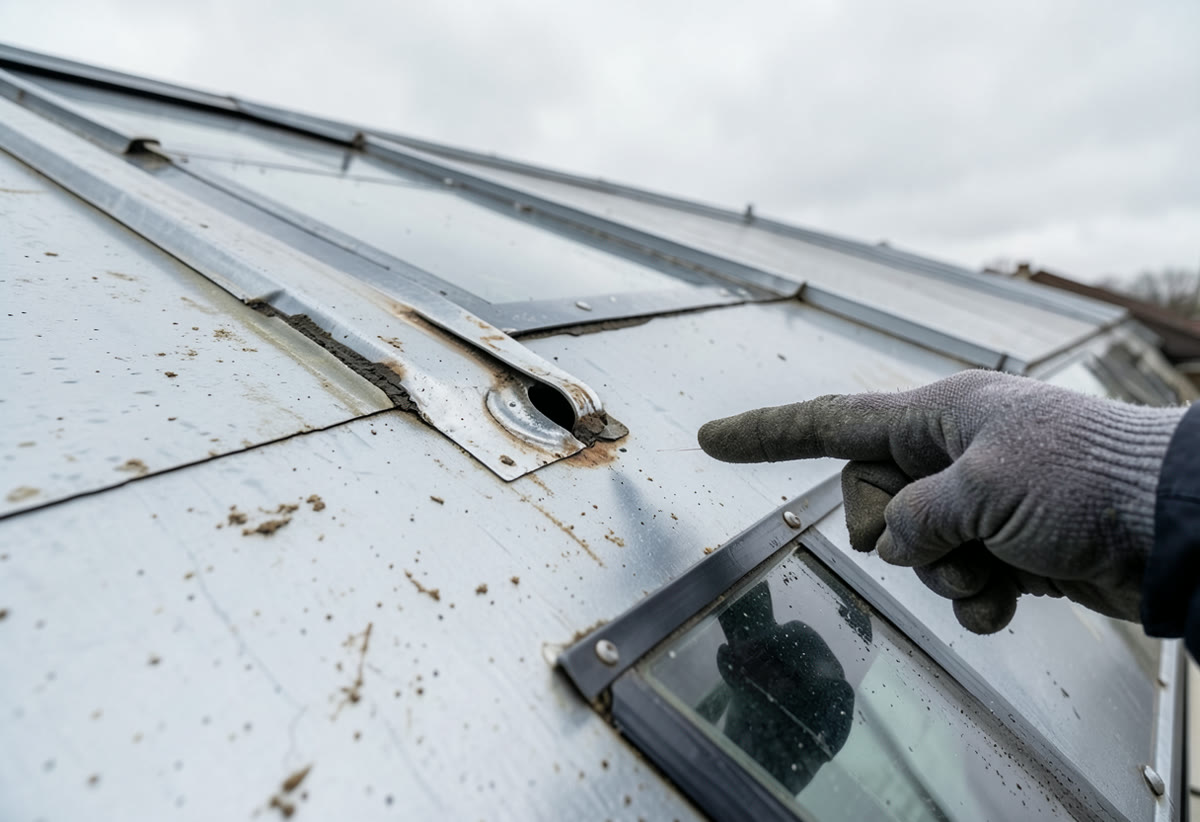 Commercial roof detail showing fixings and flashing relevant to height safety inspection