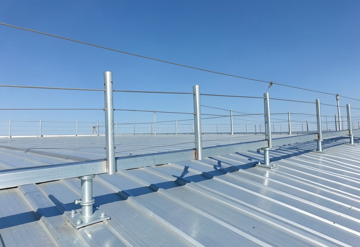 Static line and anchor system on a commercial roof being inspected for re-certification